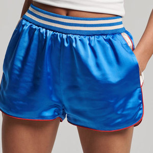 Shorts en satin bleu pour femme avec logo personnalisé imprimé, taille haute, bande élastique, poches, style sportif, coupe régulière - Product Image 1