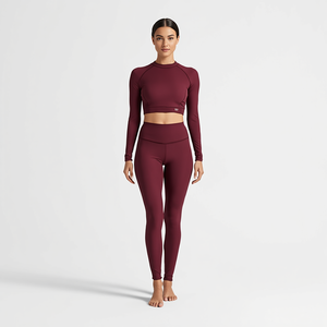 Women's Burgundy Long Sleeve <b>Crop</b> <b>Top</b> High Waist Leggings Seamless Yoga Set Spandex Polyester Medium <b>Support</b> Crew Neck Racerback - Product Image 1