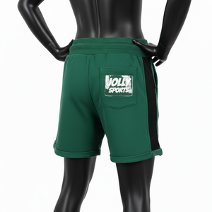 Shorts en molleton doux de coton et polyester pour femme, couleur verte, avec empiècements en mesh contrastant, poche zippée, logo personnalisé. - Product Image 3