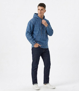 Veste à capuche unisexe en jean décontracté vintage avec cordon de serrage, coupe ajustée, délavage clair, coton écologique, pour l'automne - Product Image 5