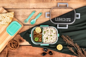 Stainless Steel <b>Lunch</b> <b>Box</b> Rectangle Portable Bpa Free Leak Proof 1 Compartment Blue With Plastic Lid And Utensils - Product Image 5