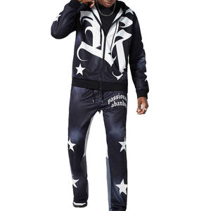 Men's <b>Hooded</b> <b>Zip</b>-Up Sweatshirt Set Regular Fit Printed Stars Pattern Breathable Polyester Hip Hop Style Autumn Wear - Product Image 1