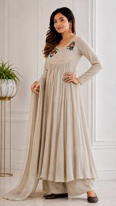 Women's Peach Rayon <b>Kurta</b> Set With Floral Embroidery Floor-Length Loose Fit Traditional <b>Indian</b> Pakistani Wear - Product Image 2