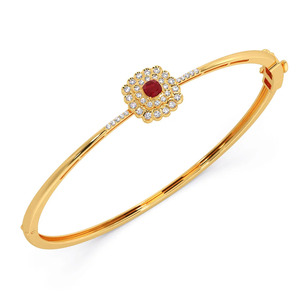 Crimson Cushion Halo Diamond Bangle with Yellow Gold Slim <b>Frame</b> and Radiant Double Row Center Design - Product Image 1