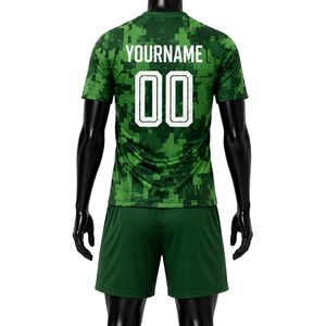 ชุดเสื้อฟุตบอลสีเขียวลายพรางแบบซับลิเมชั่นพร้อมกางเกงขาสั้น ชุดทีมฟุตบอลชาย แขนสั้น ชุดกีฬา สำหรับการแข่งขัน ฝึกซ้อม และกิจกรรมกลางแจ้ง - Product Image 2