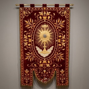 Velo de la Virgen de Terciopelo Rojo con Bordado a Mano de Hilos de Oro, Diseño de Monstranza Eucarística y Flecos para Velo Litúrgico - Product Image 1