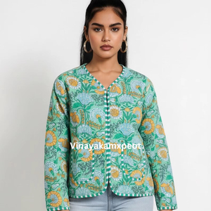 2026 Hot Selling Handmade Indian Knitted Breathable <b>Quilted</b> Cotton Jacket Boho Floral Outerwear for Women - Product Image 2