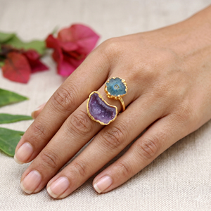 Adjustable Gold Plated Geode Druzy Stone <b>Ring</b> Handmade Blue & Purple Solar <b>quartz</b> Jewelry for Women - Product Image 1