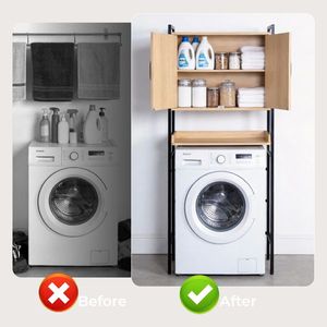 Mobile bagno a doppia anta con design goffrato effetto legno, un ripiano, 64,5x30x171 cm, in MDF con impiallacciatura in melaminico e tubi quadri, scaffali per bagno - Product Image 3