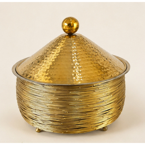 Casserole isotherme en acier inoxydable martelé doré au design arabe pour buffet de mariage et service de restauration hôtelière - Product Image 1