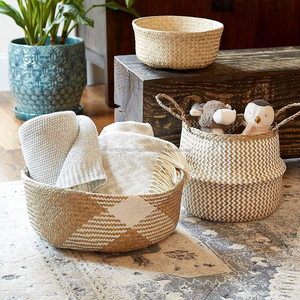 Boho Handmade Woven <b>Seagrass</b> Storage <b>Basket</b> For Bathroom Decor Natural Organic Belly <b>Basket</b> With Handles Foldable Sustainable - Product Image 5