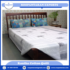 Hand Stitched Cotton Kantha <b>Quilt</b> Twin Size Grey Palm Tree Print Traditional Home Decor Bedspread at Wholesale Price - Product Image 2