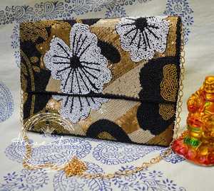 Bolso de Mano Rectangular con Cierre, Bordado Floral con Cuentas de Algodón Hecho a Mano, con Correa de Cadena para Fiesta - Product Image 3