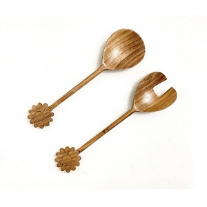 Ensemble de saladiers en bois au design moderne avec poignée en forme de fleur, ustensiles de cuisine écologiques, résistants au lave-vaisselle, cuillère à salade, fourchette, couverts - Product Image 1