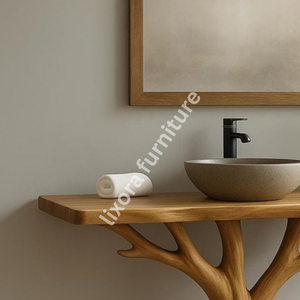 Base de meuble-lavabo de luxe artisanale moderne en racine d'arbre antique, console de salle de bain artistique en bois massif avec miroir mural inclus - Product Image 2