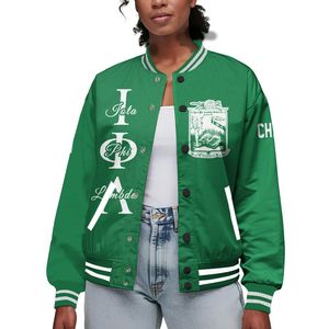 Iota Phi Lambda Women Custom Chapter Varsity Jacket Solid Emerald Green Letter Crest Number Year Sorority Bomber Jacket - Product Image 1