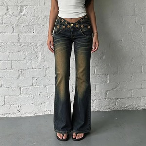Streetwear Breathable Dark Washed Distressed Rivet V Waistband Metal Eyelets Denim <b>Jeans</b> Casual Women's - Product Image 5