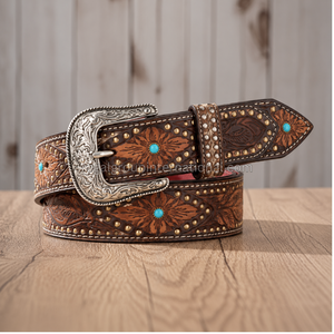Premium Western <b>Belt</b> Floral Tooled Grain Leather <b>Belt</b> for Men & Women with Turquoise Stone Accents Antique <b>Silver</b> <b>Buckle</b> - Product Image 3