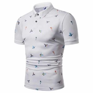 Polo Blanco de Manga Corta con Estampado de Aves, Corte Ajustado, Informal, de Popelina de Algodón Transpirable - Product Image 1