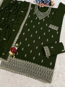 Ensemble palazzo en coton brodé vert olive pour femme avec dupatta, tenue décontractée traditionnelle indienne et pakistanaise, coupe ample, longueur cheville - Product Image 3