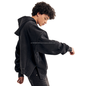 Bulk Custom 500gsm high weight <b>men</b> plain blank distressed all <b>black</b> washed oversized hoodie with silt side - Product Image 1