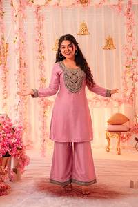 Women Beige Embroidery Sequence Work and Hand Stitched Latkan Work <b>Kurta</b> Palazzo Set Traditional Loose Fit Ethnic Wear Quick Dry - Product Image 3