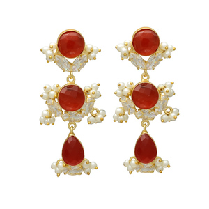 Pendientes Colgantes Cristianos de Perlas de Agua Dulce y Circonita Cúbica de Ónix Rojo, Chapados en Oro de 24K, de Latón, para Mujer, Ideales para Boda - Product Image 1