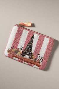Pochette à monnaie perlée à fermeture éclair, motif Tour Eiffel de Paris à rayures rouges et blanches, en perles de rocaille, fournisseur B2B - Product Image 1