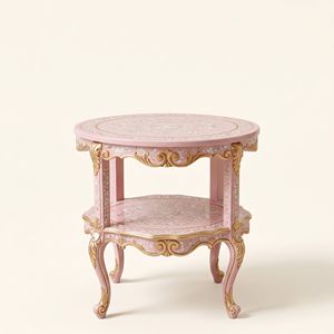 Table de chevet ronde en nacre rose de luxe avec motif floral, table de chevet faite à la main, meubles de chambre à coucher, décoration intérieure - Product Image 1