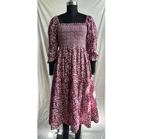 Hermoso Vestido Midi con Volantes, de Algodón Cambray con Estampado Floral, Cuello Cuadrado, Manga Abullonada, Vestidos Casuales de Verano con Cuello Fruncido - Product Image 1