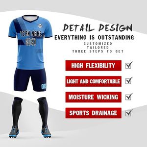 Conjunto de Camiseta de Fútbol Azul Personalizable para Hombre, Manga Corta, Cuello en V, Transpirable, Impermeable, Resistente al Viento, Poliéster, Impresión por Transferencia de Calor, para Equipo - Product Image 4