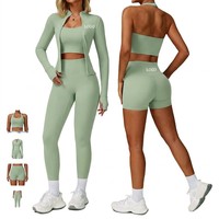 Ensemble de yoga vert 4 pièces : Crop top, leggings longs, veste zippée, respirant, écologique, grande taille, anti-transpiration