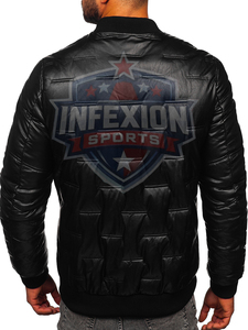 Men's Black PU Bomber <b>Jacket</b> Windproof Zipper Closure Padded Winter Moto Style Thick Solid Color Regular Fit - Product Image 4