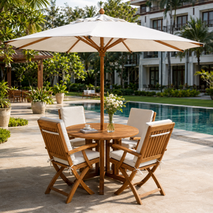 Juego de Comedor de Lujo para Exteriores en Madera de Teca con Mesa Redonda, 4 Sillas Plegables y Sombrilla Grande para Patio, Hotel, Resort o Jardín - Product Image 1