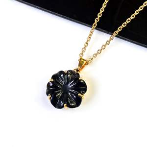 Colgante de flor de ónix negro AAA, collar de cristal con flor para mujer, colgante de ónix negro tallado a mano, joyería artesanal. - Product Image 3