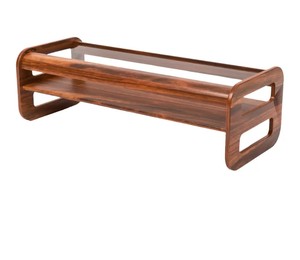 Mid-Century Modern Curved Wooden Living Room <b>Table</b> | 2-Tier Wood Glass Insert Center <b>Table</b> | Retro Long Glass Top Coffee <b>Table</b> - Product Image 3