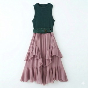 Vestido Midi Vintage de Mujer KAR&OT con Cintura Imperio, Tejido en Capas, con Cinturón y Detalles Decorativos, Primavera/Verano 2026, Nueva Llegada 5029110 - Product Image 4