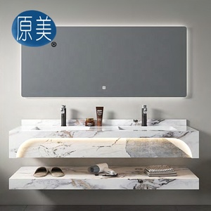 Pierre frittée double évier sans couture mur suspendu marbre salle <span class=keywords><strong>de</strong></span> bain armoire éclairage LED conception vanité lavabo <span class=keywords><strong>pour</strong></span> hôtel - Product Image 1