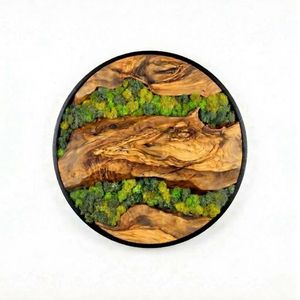 Wooden River <b>Wall</b> <b>Clock</b> with Moss Handmade Nature <b>Decor</b> Rustic Modern <b>Wall</b> Art Live Edge Wood & Moss <b>Clock</b> Forest River Design - Product Image 1