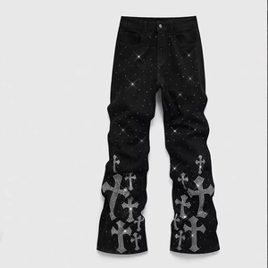 Jeans Negros Góticos para Hombre, Decorados con Cruz de Pedrería, Corte Recto, Cintura Media, Adornados con Cristales, Estilo Otoñal - Product Image 1