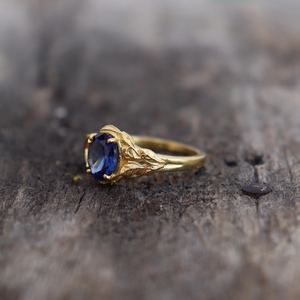 Oval Blue Sapphire Engagement Ring Nature Inspired <b>Tree</b> Ring IGI Certified Luxury 925 Sterling Silver 14K Gold Plated - Product Image 5