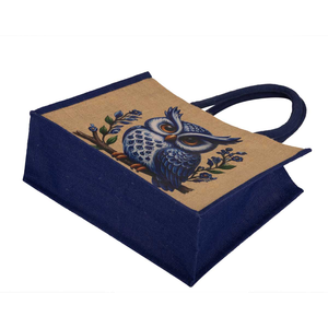<b>Large</b> Jute Shopping <b>Bag</b> With Blue Owl Print Animal Pattern Top Handle Grocery Tote - Product Image 2