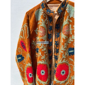 Veste en velours brodée Suzani pour femme, col mandarin, manches longues, motif floral, doublure en coton, manteau de printemps - Product Image 5