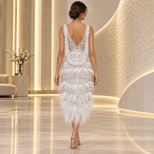 Elegant <b>White</b> Feather Embellished Evening <b>Gown</b> | Deep V Neck Sleeveless Crystal Bead Floral Embroidery Fitted Floor Length Dress - Product Image 4