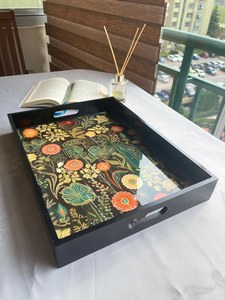 Rectangular Wood Serving Tray Handpainted Bohemian Plant Pattern Black Frame Decorative Tray for Home Use - Product Image 3