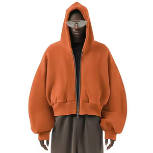 Oversized <b>Men's</b> Hooded <b>Zip</b>-<b>Up</b> Sweatshirt Batwing Sleeve Crop Length Solid Color <b>Fleece</b> hoodie for <b>men</b> - Product Image 2
