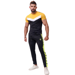 T-shirt à manches courtes pour homme, à blocs de couleur géométriques, col rond, coupe ajustée, sportif, tricoté, respirant, noir, jaune, blanc - Product Image 2