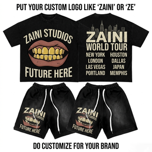 Ensemble T-shirt et short en molleton noir respirant pour homme ZAINI, 280 GSM, 100 % polyester, décontracté, été, avec logo gaufré sur le devant - Product Image 1