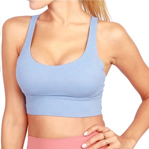 Women's Light <b>Blue</b> Seamless Sports <b>Bra</b> Scoop Neck Racerback Medium Support Yoga Workout Top Breathable Solid Color - Product Image 1