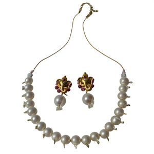 Lord Ganesha Designer Pearl Short Necklace Set with Jhumki Earrings for Bridal - Product Image 2